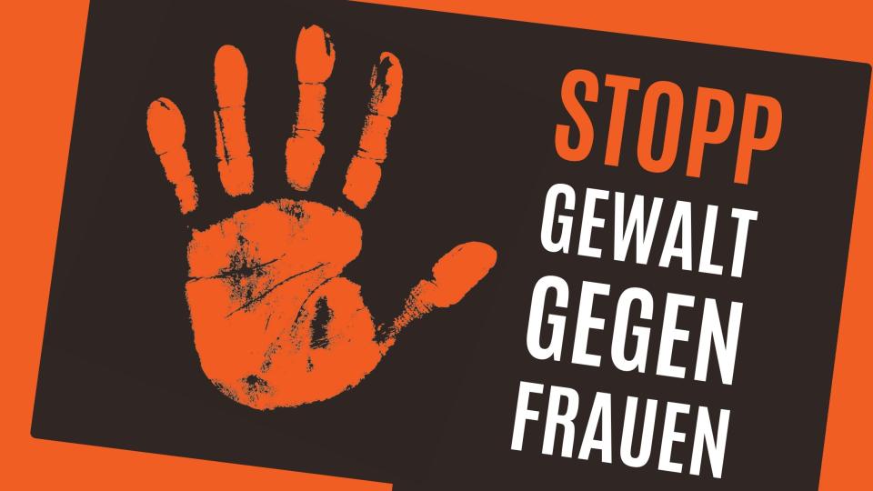 Ein orangefarbener Handabdruck, daneben der Text: Stopp Gewalt gegen Frauen